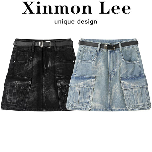 XinmonLee high waist temperament tie-dyed denim skirt summer sweet and spicy hip-wrapped slim female A-line workwear short skirt