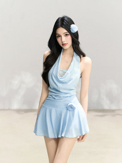 Mejiu [Sea Waves] Blue Lace-trimmed Halter Neck Dress, Elegant Waist-cinching Dress