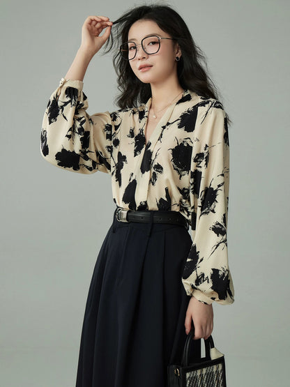 JACOOBS [Feng Yasong] New Chinese style ink lantern sleeve retro shirt female summer satin shirt