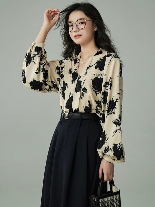 JACOOBS [Feng Yasong] New Chinese style ink lantern sleeve retro shirt female summer satin shirt