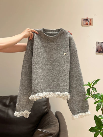 Korean style hem lace thick sweater women's jacket 2025 autumn and winter lazy style design long-sleeved knitted sweater top