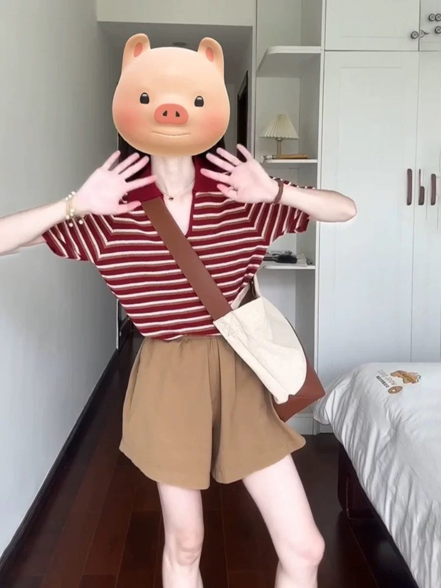 In summer, a complete set of casual age-reducing red striped polo shirts, loose shorts, two-piece suit for small people