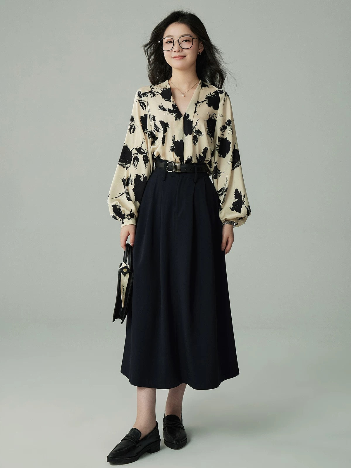 JACOOBS [Feng Yasong] New Chinese style ink lantern sleeve retro shirt female summer satin shirt