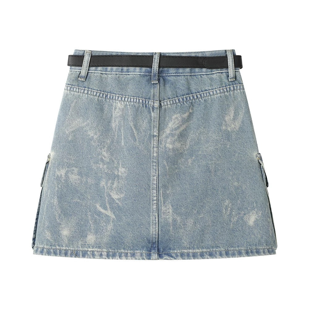 XinmonLee high waist temperament tie-dyed denim skirt summer sweet and spicy hip-wrapped slim female A-line workwear short skirt