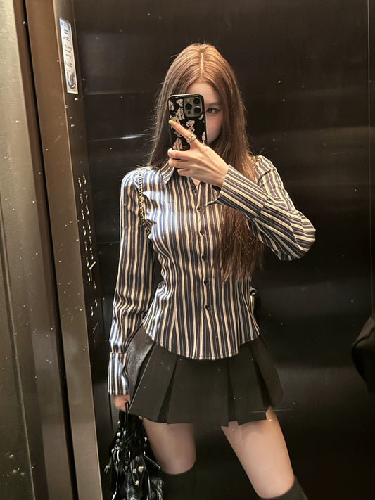Tongiiuu special American design niche long-sleeved shirt women's retro slim slim waist top spring