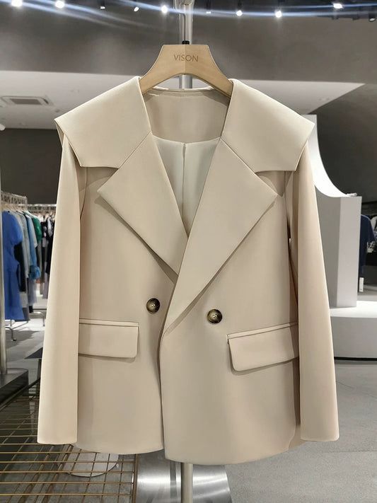 Off-white small-sized college style suit jacket for women 2025 new spring and autumn age-reducing Korean version of navy collar suit