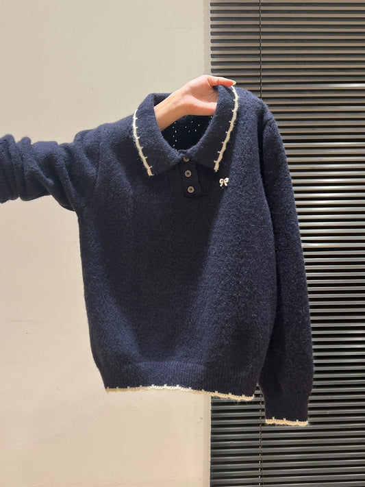 Autumn and winter outer wear lapel embroidered bow knitted sweater thickened bottoming long sleeve loose pullover top for women