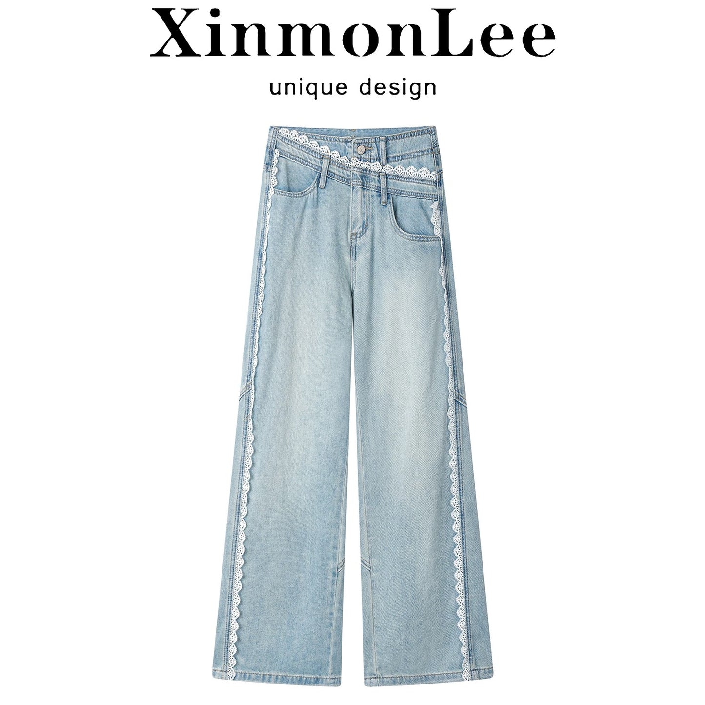 XinmonLee high-end stylish age-reducing lace patchwork jeans summer casual Korean style drape slim trousers