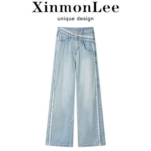XinmonLee high-end stylish age-reducing lace patchwork jeans summer casual Korean style drape slim trousers