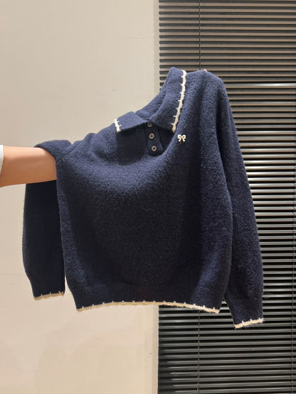 Autumn and winter outer wear lapel embroidered bow knitted sweater thickened bottoming long sleeve loose pullover top for women