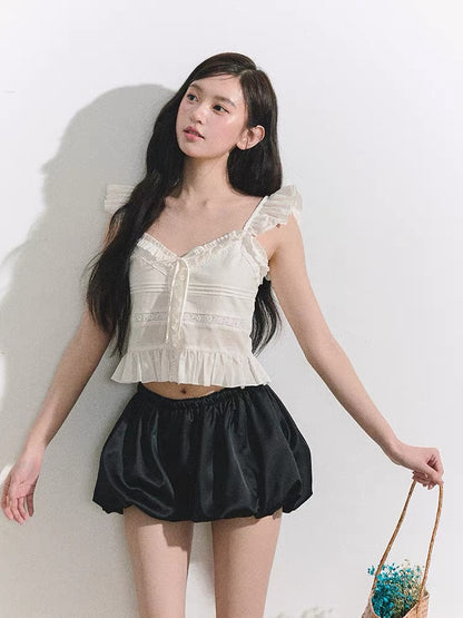 OIOI ESSE French-style ruffled tie-front vest for women, summer French-style off-shoulder top.