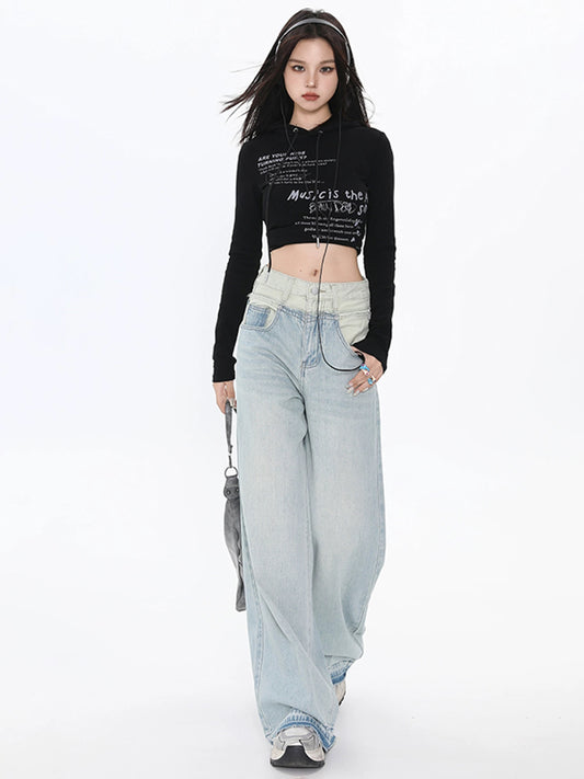 Blue raw edge stitching jeans for women Spring and Autumn style high waist loose wide leg pants for small size light color straight long pants