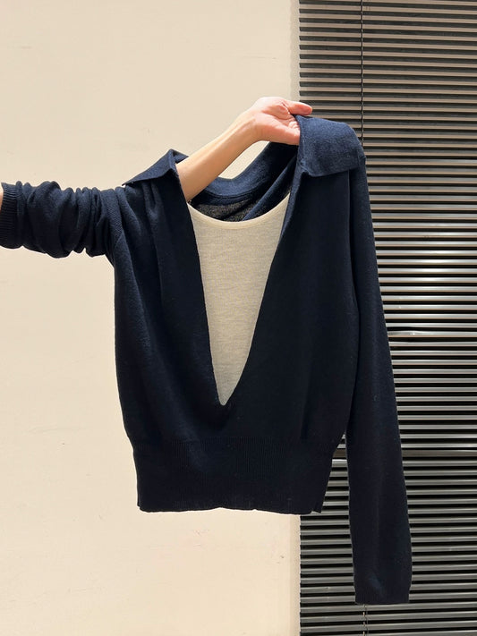 Navy blue V-neck exposed clavicle splicing fake two-piece long-sleeved knitted bottoming shirt inner wear autumn wear lazy tops for women