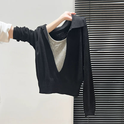 Navy blue V-neck exposed clavicle splicing fake two-piece long-sleeved knitted bottoming shirt inner wear autumn wear lazy tops for women