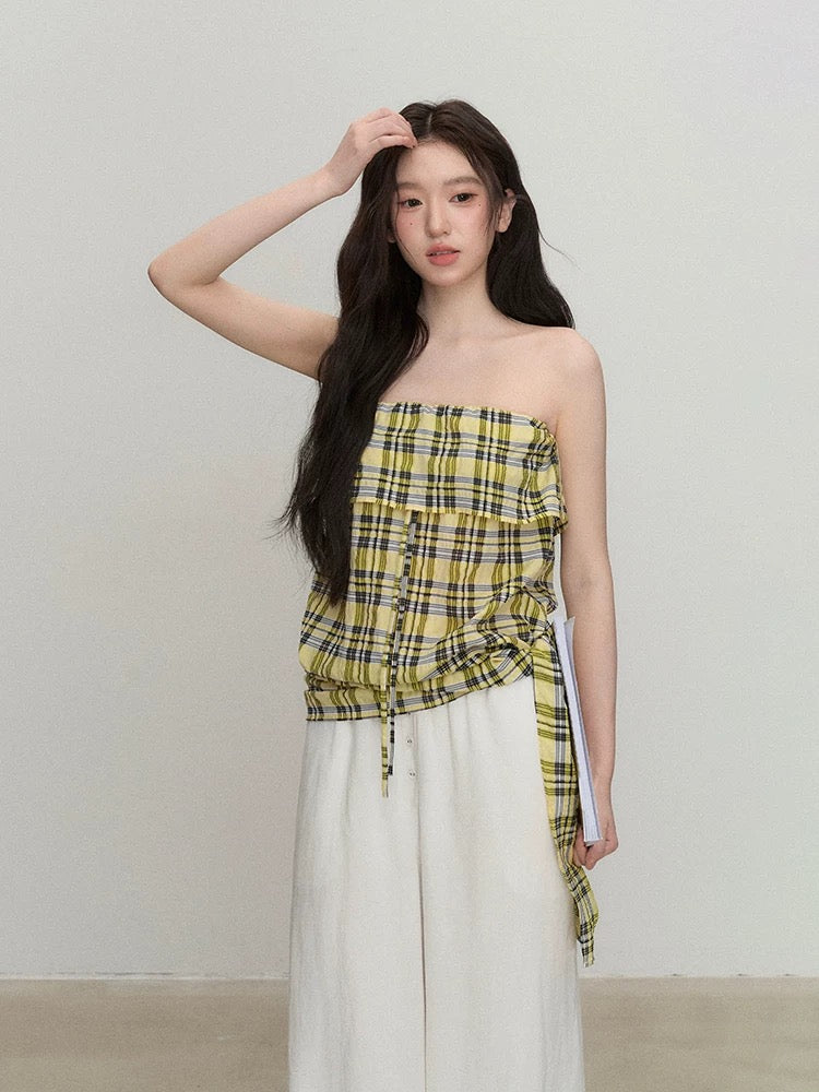 OIOI ESSE / "Before and After the Journey" Summer Vacation Vibrant Lemon Yellow Plaid Ribbon Bandeau Top for Women