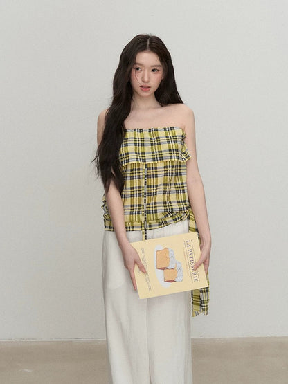 OIOI ESSE / "Before and After the Journey" Summer Vacation Vibrant Lemon Yellow Plaid Ribbon Bandeau Top for Women