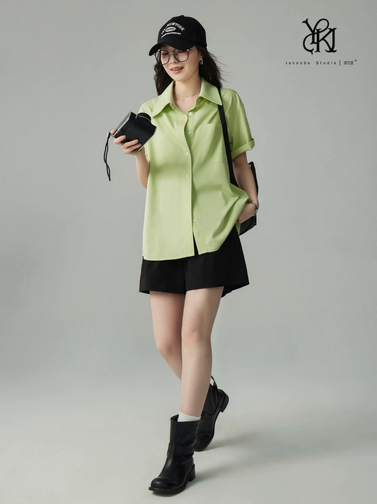 Yakejia tender grass green versatile college sense age-reducing short-sleeved shirt for women in summer loose slim casual chic shirt
