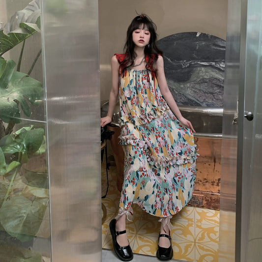 FunnJ Fang Ji Summer Runaway Princess Mid-length floral dress women's design niche A-line long skirt