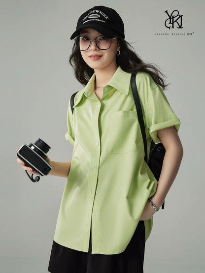 Yakejia tender grass green versatile college sense age-reducing short-sleeved shirt for women in summer loose slim casual chic shirt
