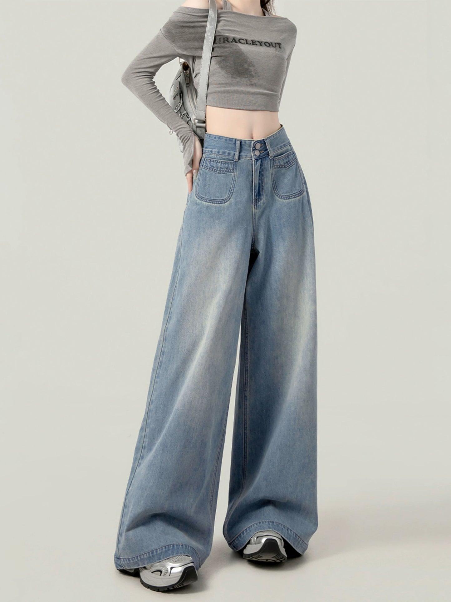 Light blue high waist loose jeans women spring and autumn styles autumn and winter 2025 new straight pants mopping pants trousers pants