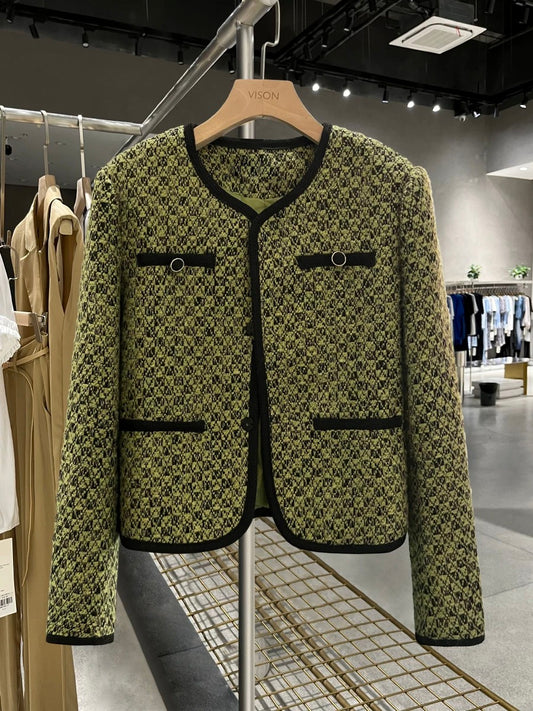 Green woolen short-sleeved age-reducing suit jacket goddess style 2024 new autumn and winter stylish light luxury suit top