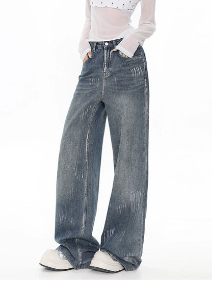 Blue straight jeans women's spring and autumn style 2025 new high waist loose wide leg pants small size trousers pants