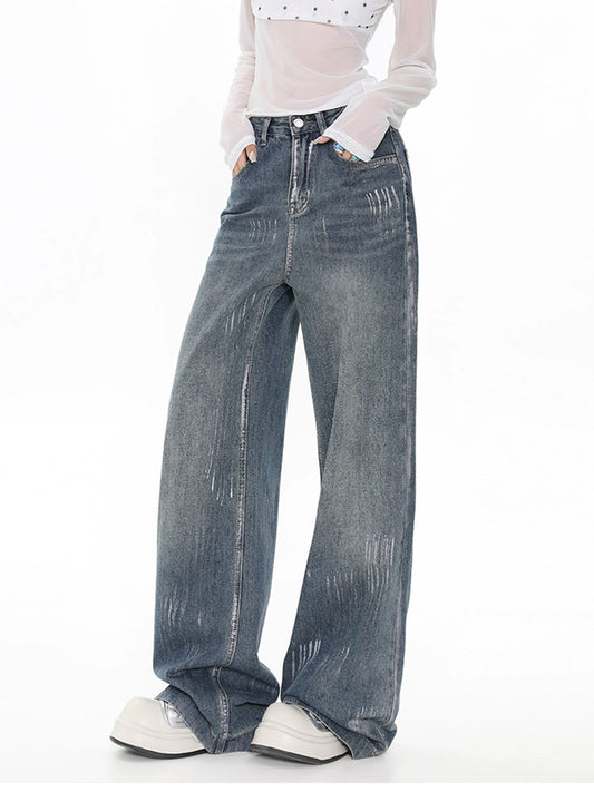 Blue straight jeans women's spring and autumn style 2025 new high waist loose wide leg pants small size trousers pants