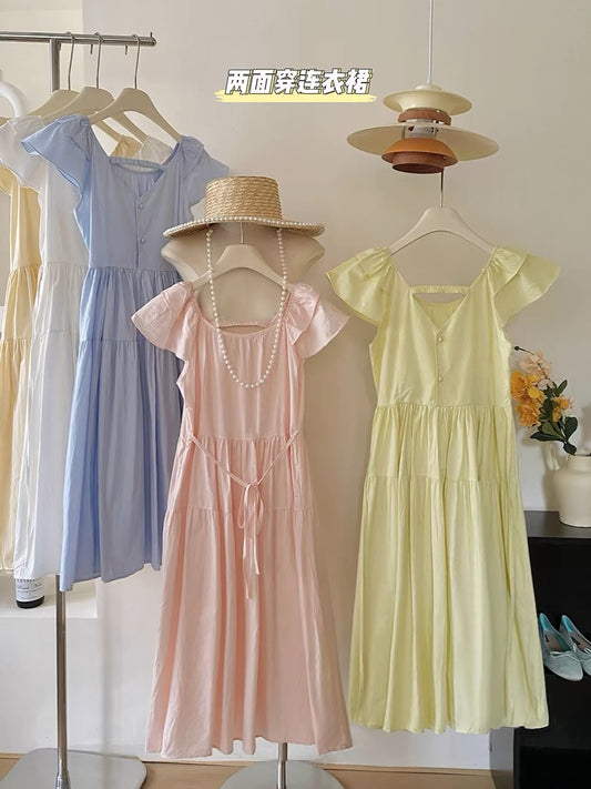 French front and back square neck flying sleeve dress for women summer temperament mid-length waisted holiday tea break cake long dress