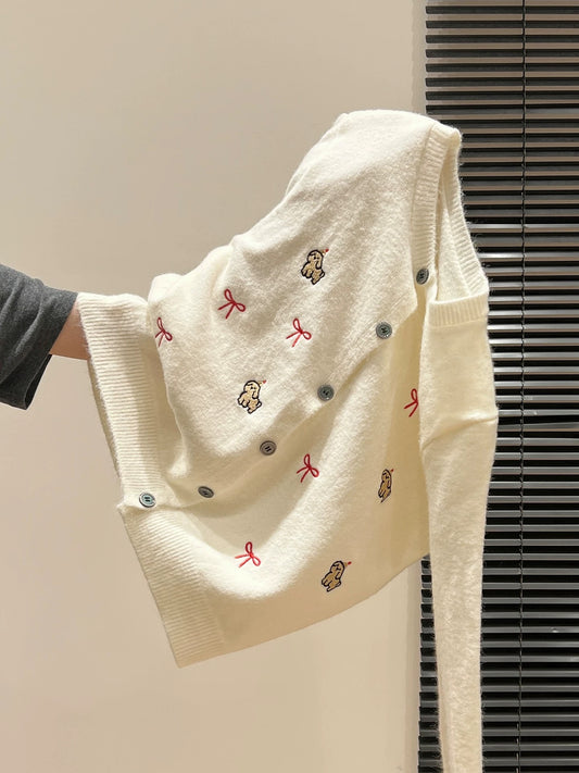 Embroidered buttoned round neck long-sleeved knitted cardigan women's 2025 autumn and winter new outerwear sweater thickened top