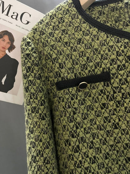 Green woolen short-sleeved age-reducing suit jacket goddess style 2024 new autumn and winter stylish light luxury suit top