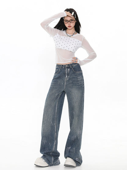 Blue straight jeans women's spring and autumn style 2025 new high waist loose wide leg pants small size trousers pants