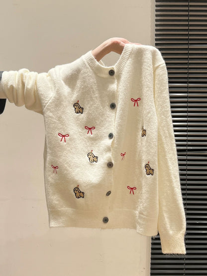 Embroidered buttoned round neck long-sleeved knitted cardigan women's 2025 autumn and winter new outerwear sweater thickened top