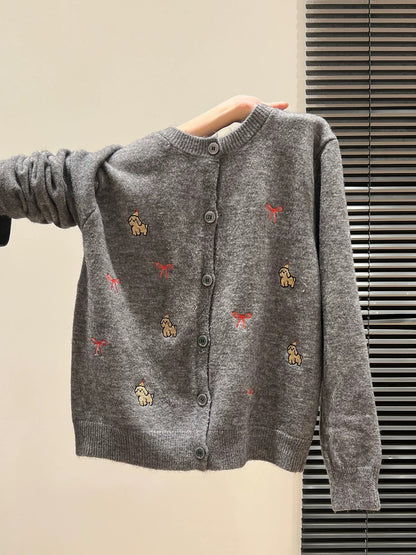 Embroidered buttoned round neck long-sleeved knitted cardigan women's 2025 autumn and winter new outerwear sweater thickened top
