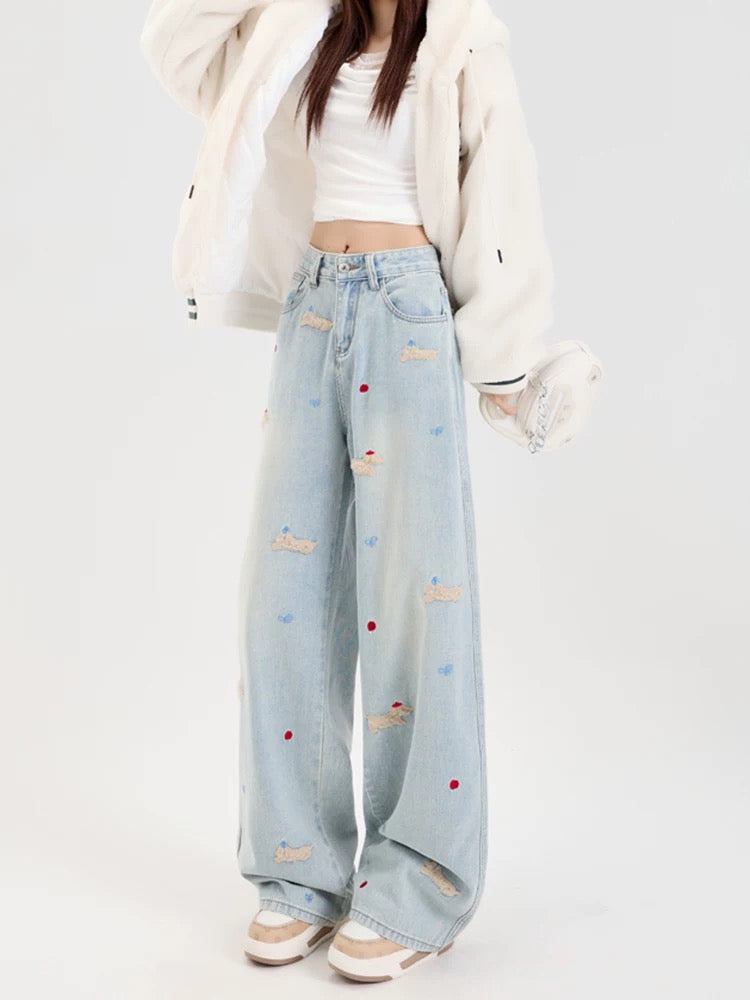 Blue dachshund embroidered plus velvet wide-leg jeans for women autumn and winter design high waist loose straight long pants
