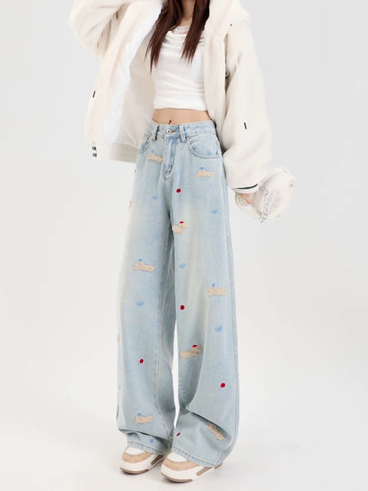 Blue dachshund embroidered plus velvet wide-leg jeans for women autumn and winter design high waist loose straight long pants