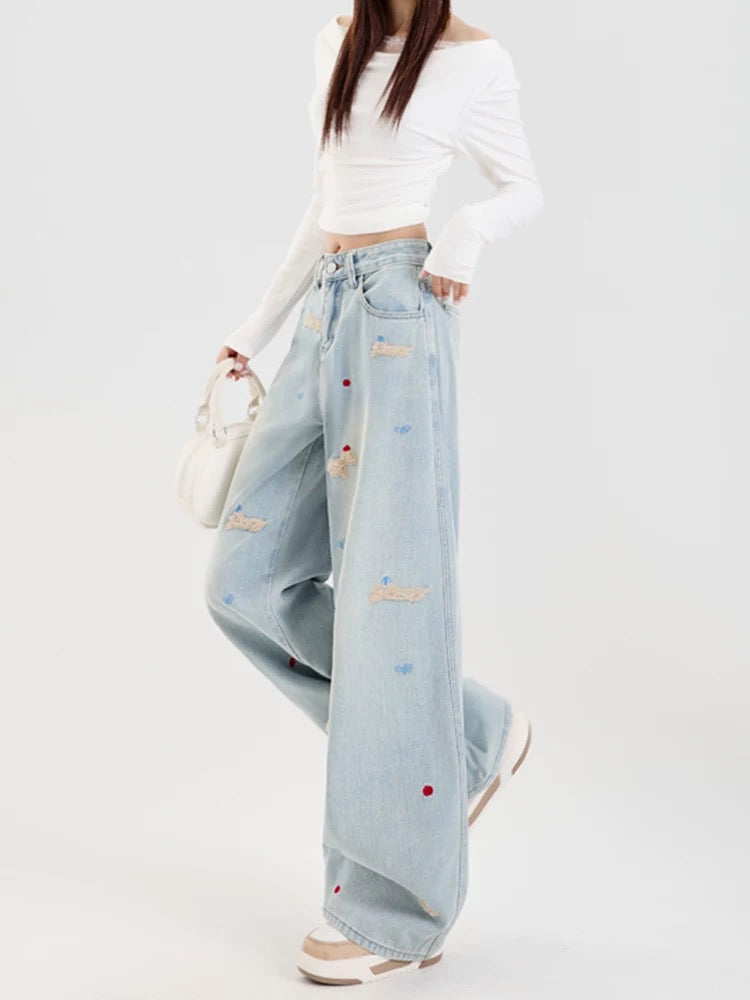 Blue dachshund embroidered plus velvet wide-leg jeans for women autumn and winter design high waist loose straight long pants