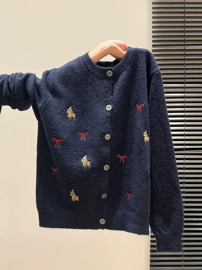Embroidered buttoned round neck long-sleeved knitted cardigan women's 2025 autumn and winter new outerwear sweater thickened top