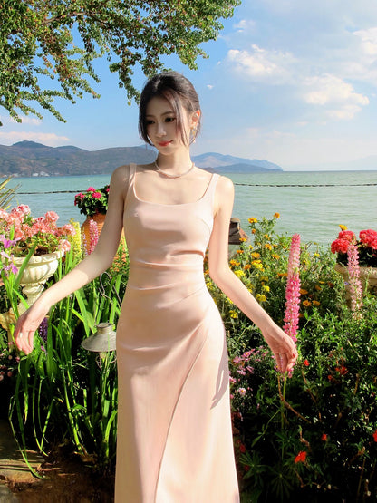 Good Job! 【Ying Shi Gu Yu】French Pink Spaghetti Strap Dress for Women, Summer Elegant Wedding Dress