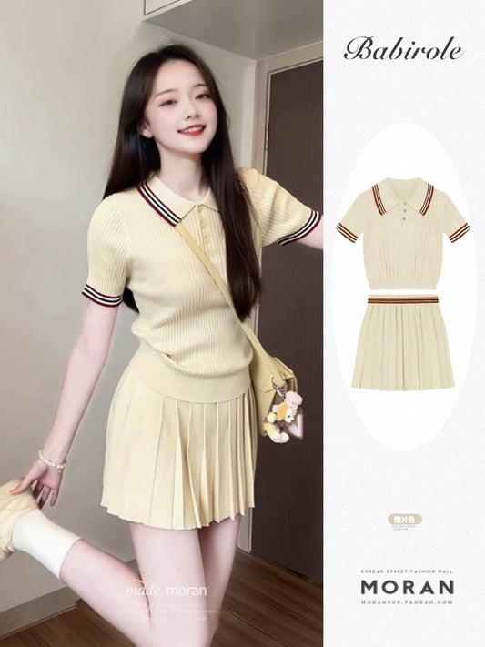 College style outfit, a complete set of summer knitted polo shirts, pleated skirts and two-piece suits for little people