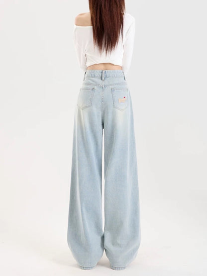 Blue dachshund embroidered plus velvet wide-leg jeans for women autumn and winter design high waist loose straight long pants