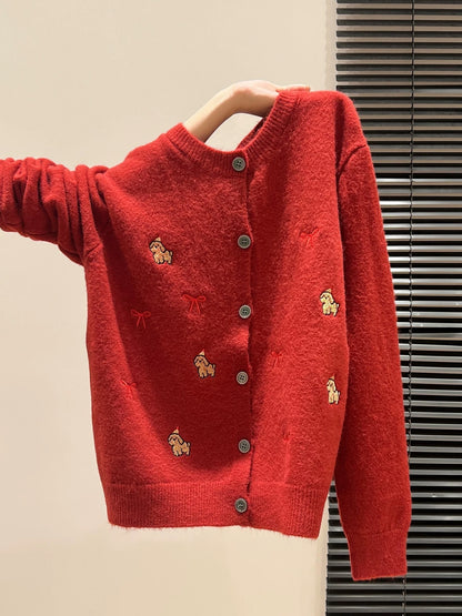 Embroidered buttoned round neck long-sleeved knitted cardigan women's 2025 autumn and winter new outerwear sweater thickened top