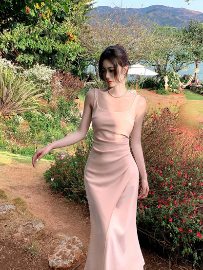 Good Job! 【Ying Shi Gu Yu】French Pink Spaghetti Strap Dress for Women, Summer Elegant Wedding Dress