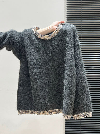 Gray Korean long-sleeved thick sweater women's coat 2025 autumn and winter loose plush knitted bottoming shirt top