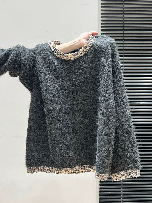 Gray Korean long-sleeved thick sweater women's coat 2025 autumn and winter loose plush knitted bottoming shirt top