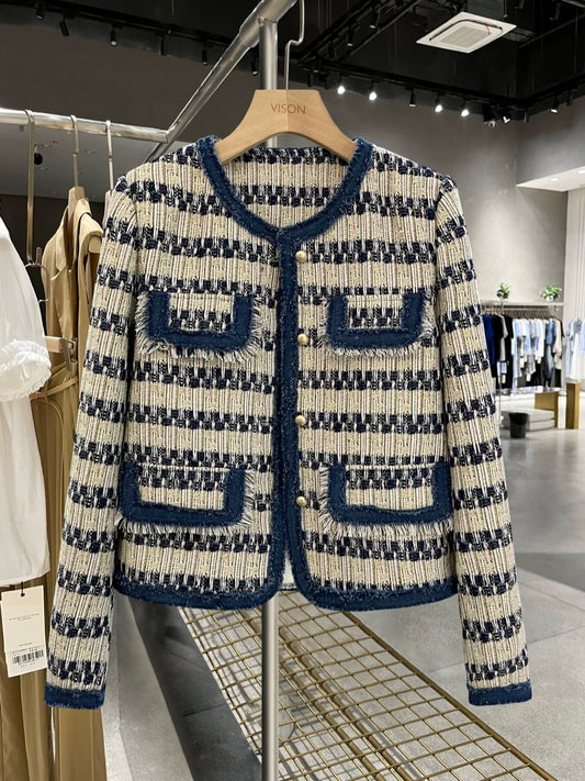 Blue beige drape light mature suit jacket for women 2024 new autumn and winter high-end casual French street suit