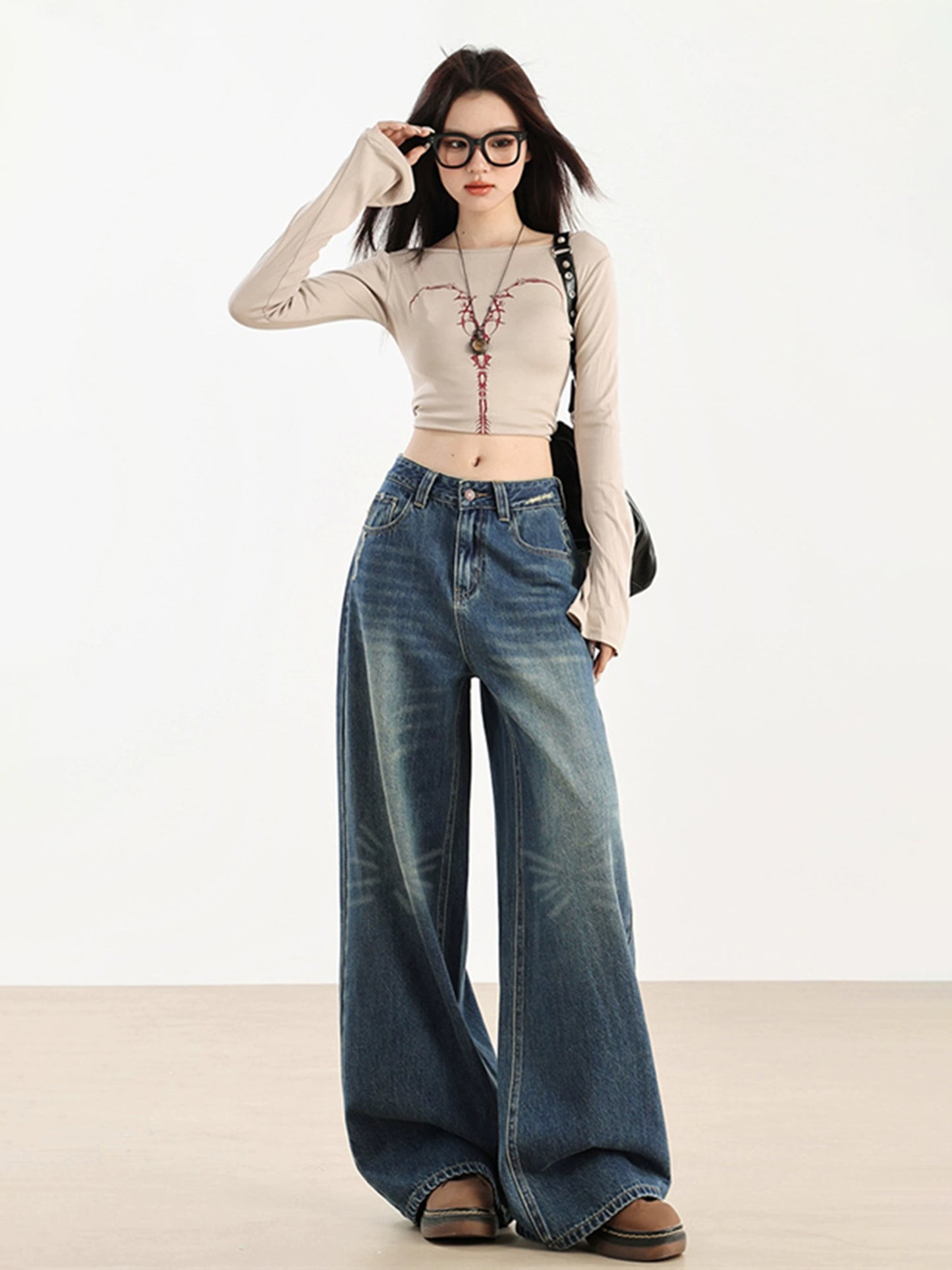 Blue high waist wide leg straight jeans women's spring and autumn style American style mopping pants loose small size long pants