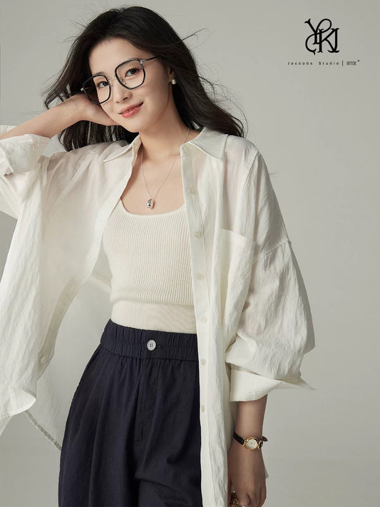 Yakejia back tie lapel shirt female 2025 new spring and summer silk cotton loose drop shoulder basic long-sleeved top