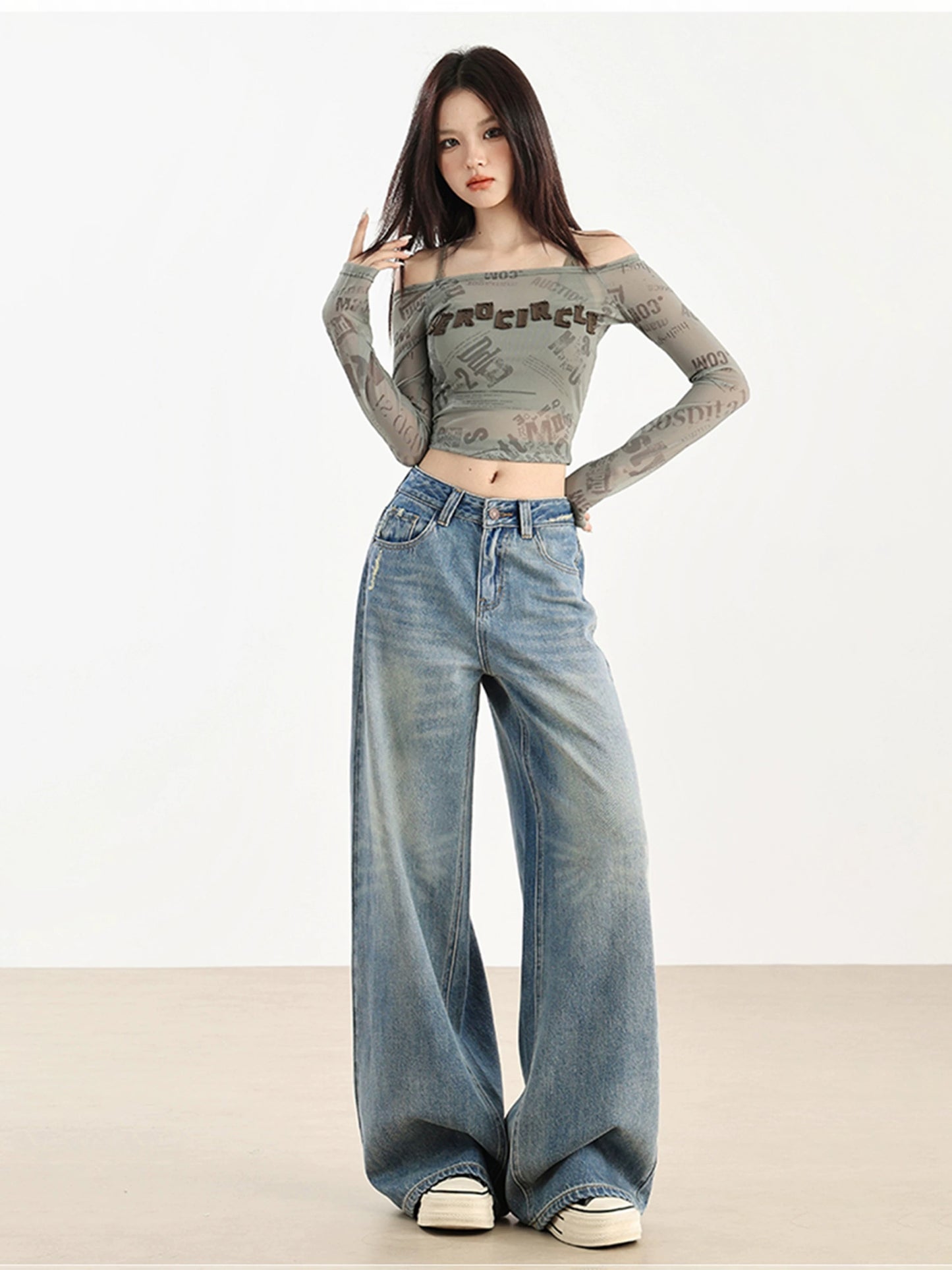 Blue high waist wide leg straight jeans women's spring and autumn style American style mopping pants loose small size long pants
