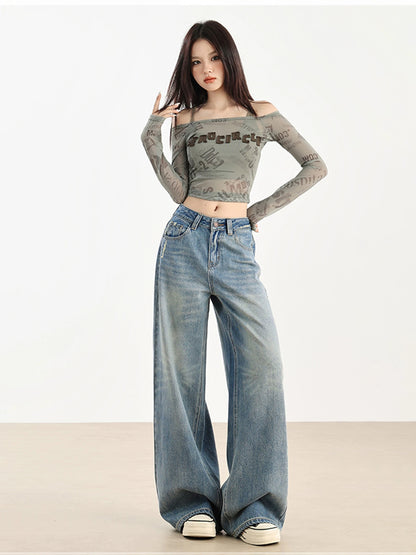 Blue high waist wide leg straight jeans women's spring and autumn style American style mopping pants loose small size long pants