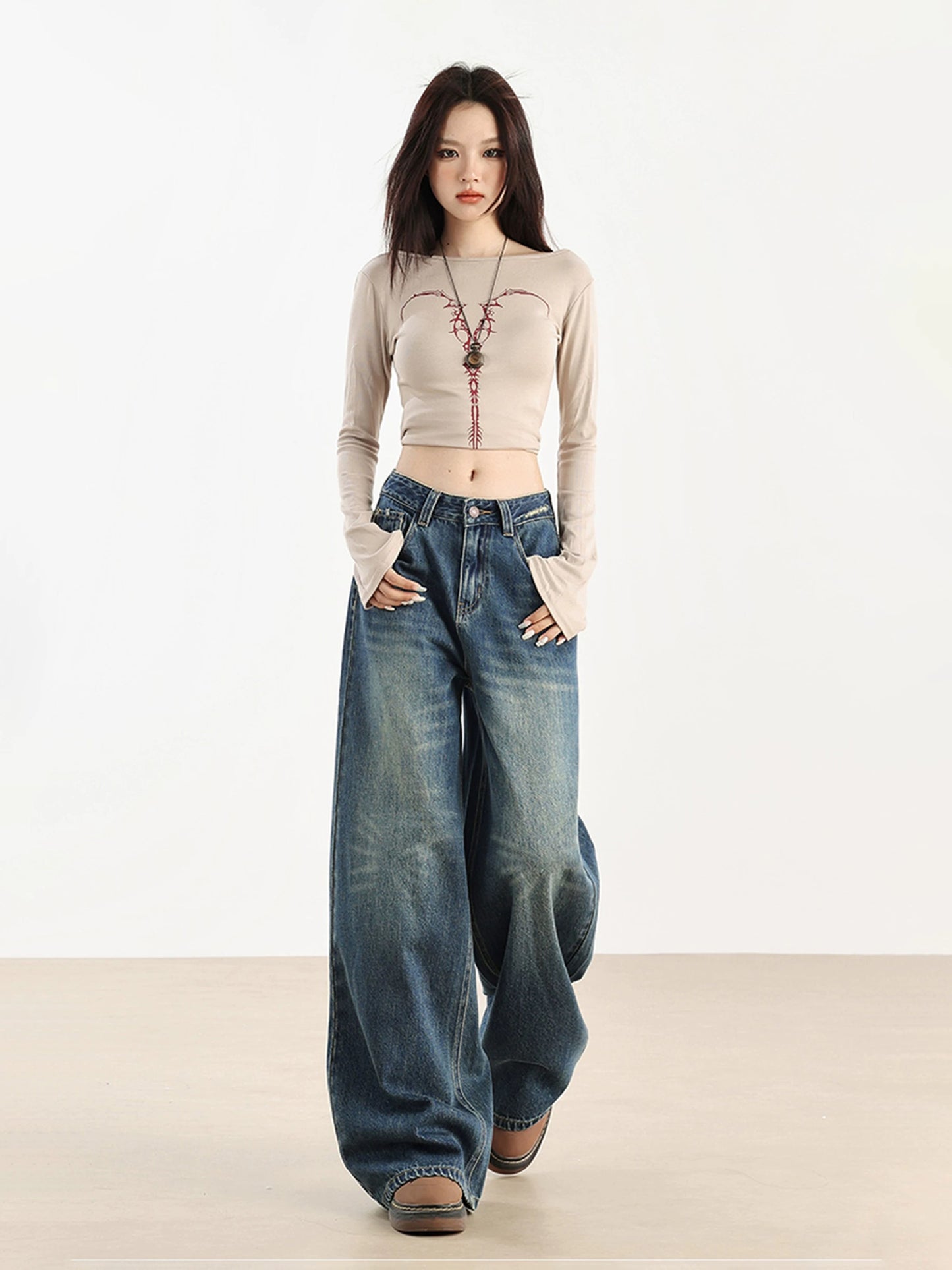 Blue high waist wide leg straight jeans women's spring and autumn style American style mopping pants loose small size long pants